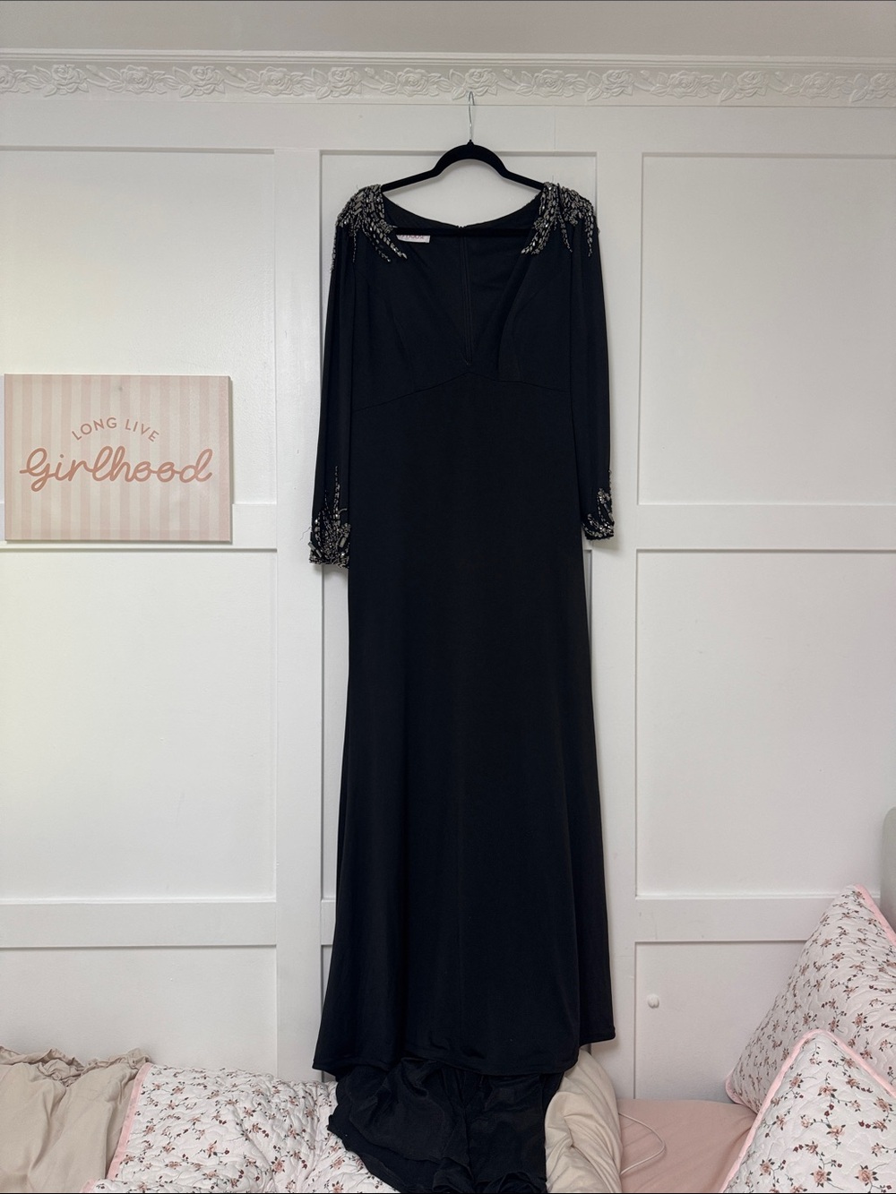 JJs House Black Long Sleeve Evening Gown with Beaded Shoulders